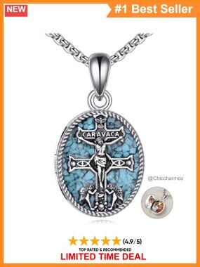 925 Sterling Silver Caravaca Cross Locket Necklace Turquoise Religious Pendant